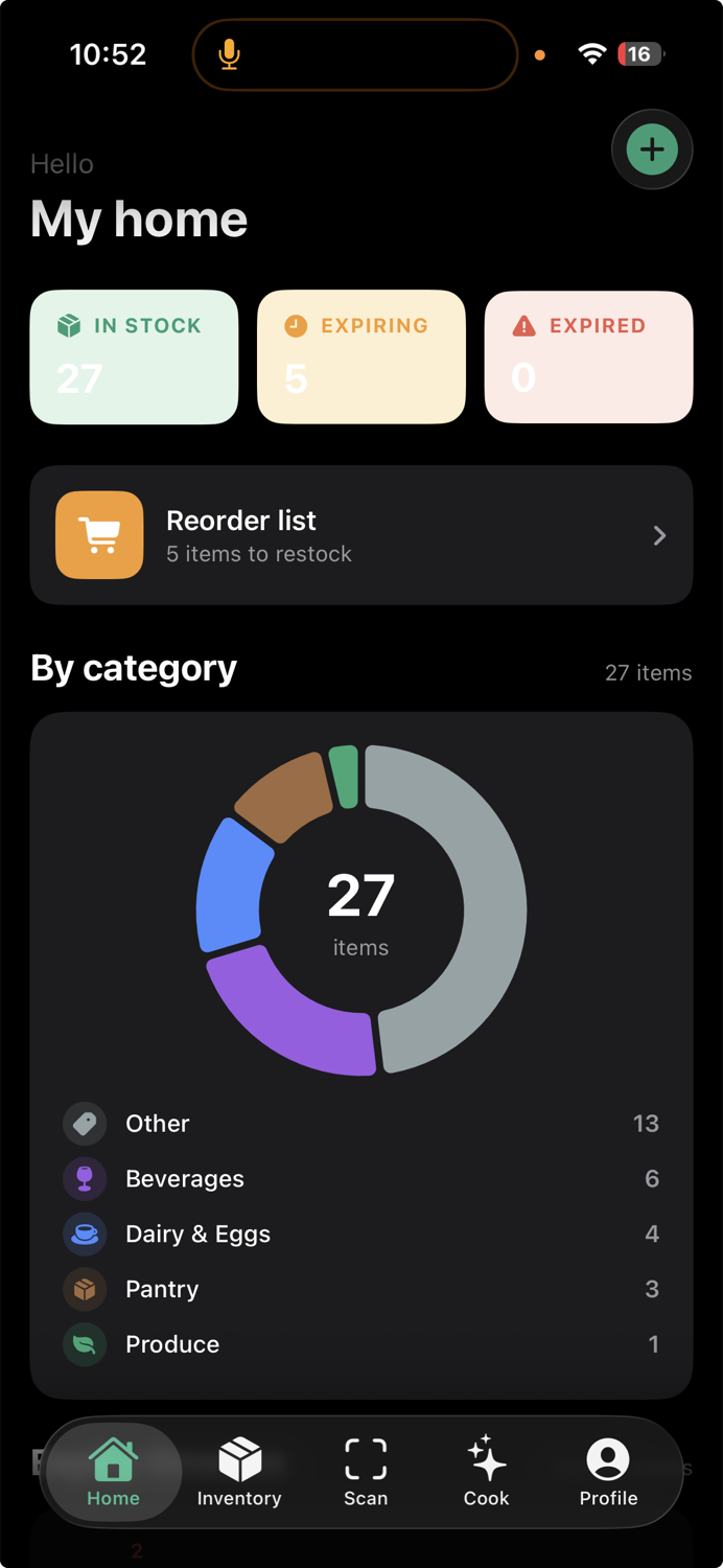 Shelfie home dashboard